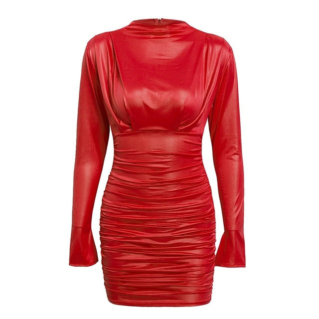 Vintage ruched bodycon dress women Sexy night club party dresses Satin mock neck mini dress long sleeve plus size