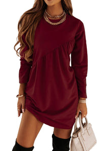 Autumn And Winter Women's Long Sleeved Mini Waist Casual Round Neck Loose Pleated Dress