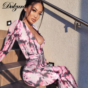 Dulzura tie dye print women midi dress long sleeve bodycon sexy bandage bodycon sexy autumn winter clothes party dinner