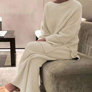 Women Knitted Tracksuit Autumn Winter O-neck Sweater 2 Piece Set  Fashion Solid Ladies Pullover Tops  Wide Leg Pants Home Suit