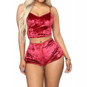 New Fashion Women 2pcs Velvet Sleepwear Sexy Camisole Silky Smooth Shorts Sleeveless Pajama Set Ladies Sleepwear Female