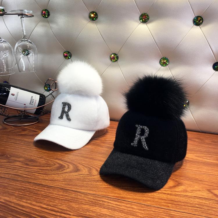 Fashion Faux fur ball baseball cap winter Faux seahorse hair Warm Cap For Women Rhinestone Diamond Letter Visor Hats