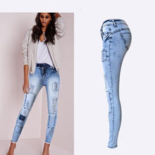 Load image into Gallery viewer, Summer Style Low Waist Sky Blue Patchwork Skinny Tights Women Pencil Jeans High Stretch Sexy Push Up Denim Women Fashion Jeans
