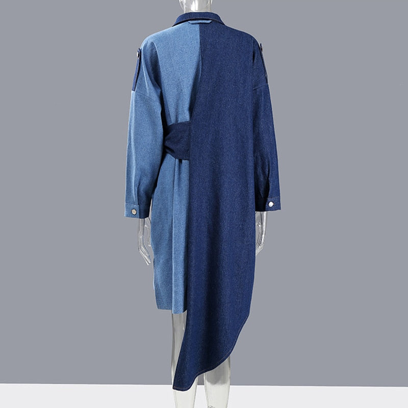 Women Big Size Irregular Contrast Color Blue Denim Dress New Lapel Long Sleeve Loose