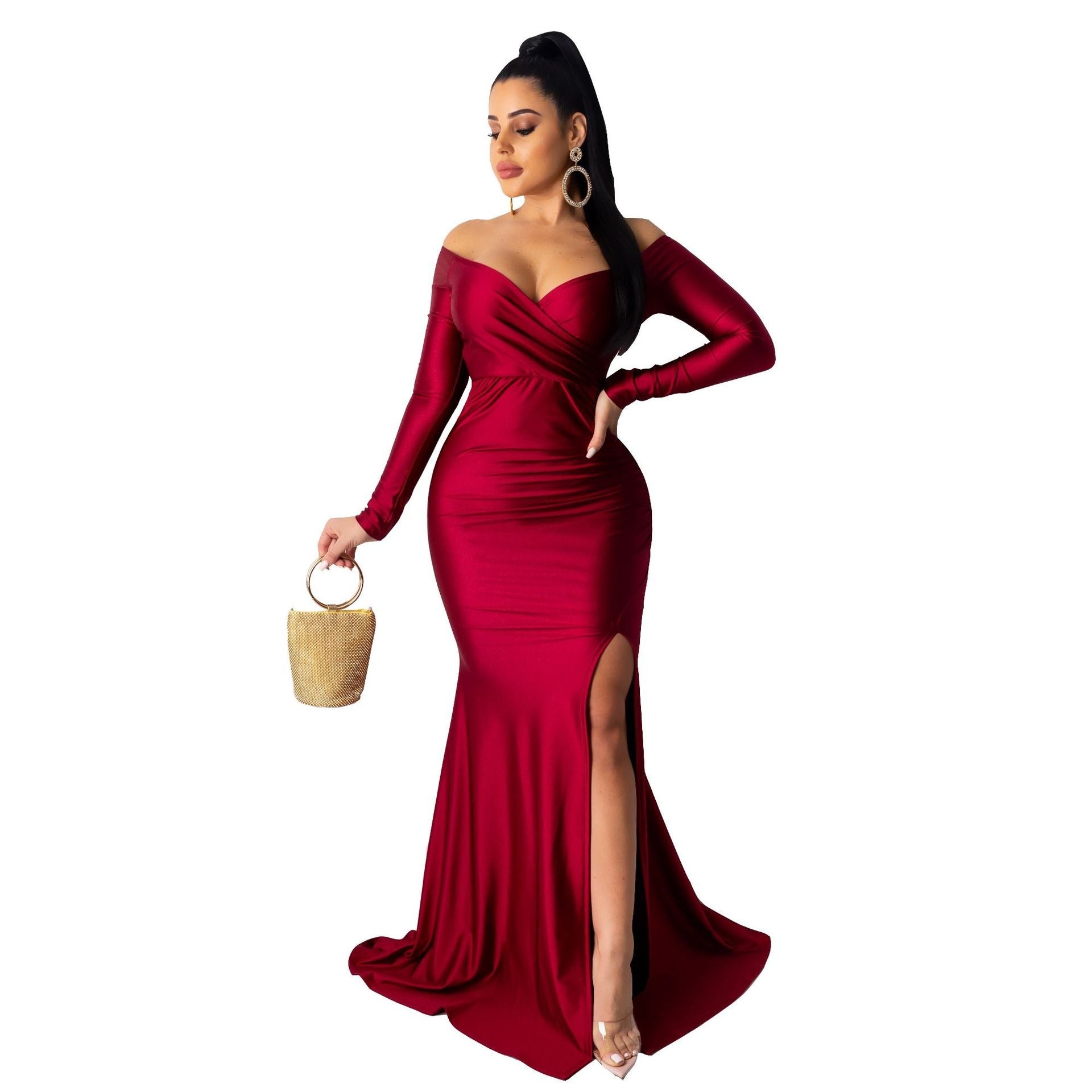 Women's Sexy Dress Nightclub V-neck Gift Dress Solid Color Large Split Length