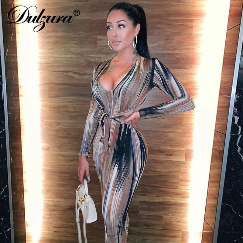 Dulzura tie dye print women midi dress long sleeve bodycon sexy bandage bodycon sexy autumn winter clothes party dinner