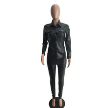 Load image into Gallery viewer, Sexy Two Piece Set Women Plus Size PU Leather Long Sleeve Top and Bodycon Pant Suit
