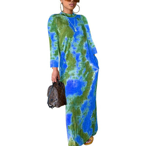 BAMBOOBOY Spring New Contrast Color Colorblock Long Sleeve Printed Loose Maxi Casual Dress ZL1206