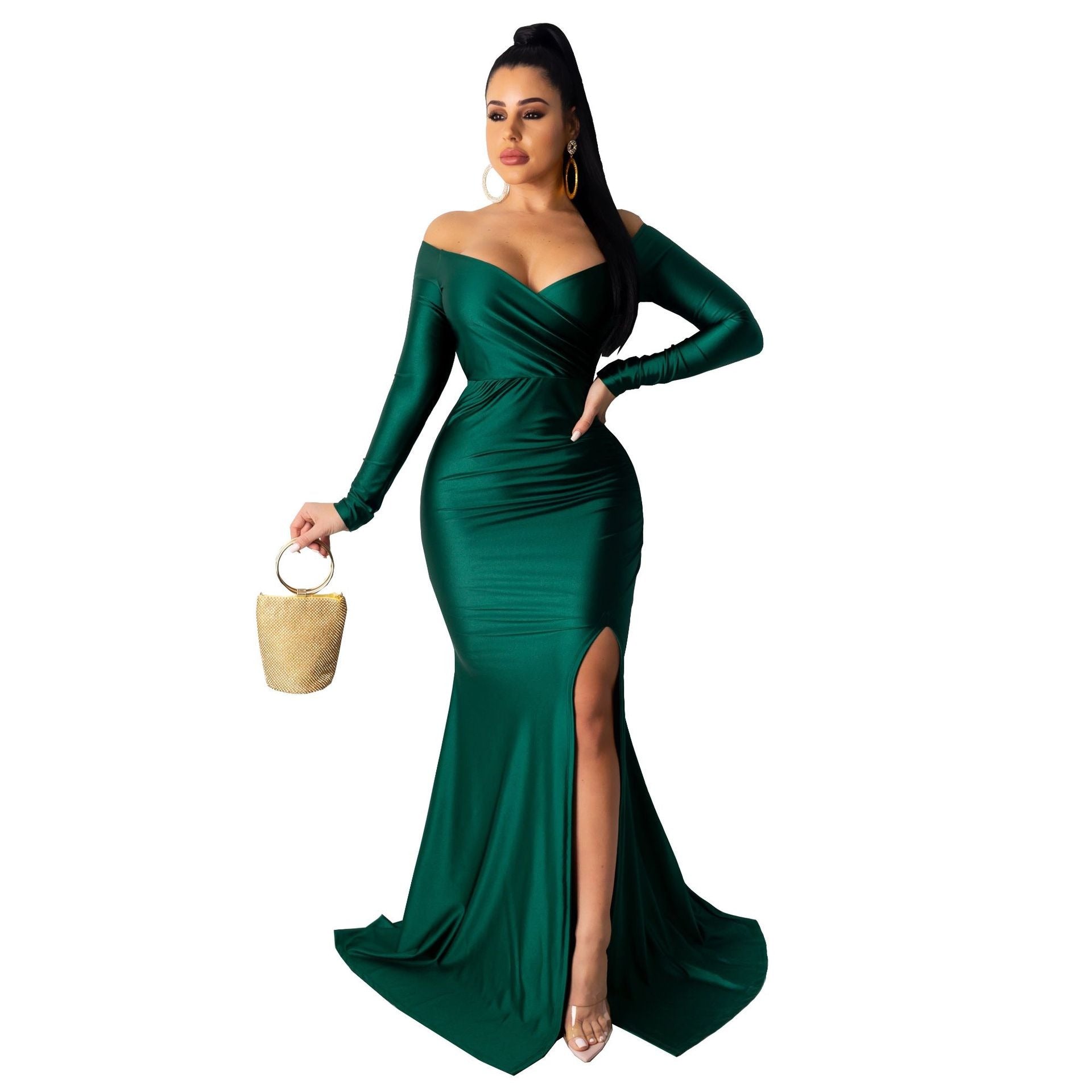 Women's Sexy Dress Nightclub V-neck Gift Dress Solid Color Large Split Length