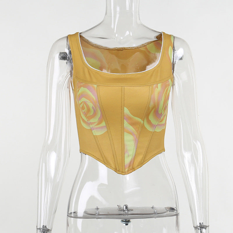 Printed Corset Short Top European And Beautiful Women's Summer New Fish Bone Sleeveless Camisole