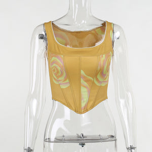 Printed Corset Short Top European And Beautiful Women's Summer New Fish Bone Sleeveless Camisole