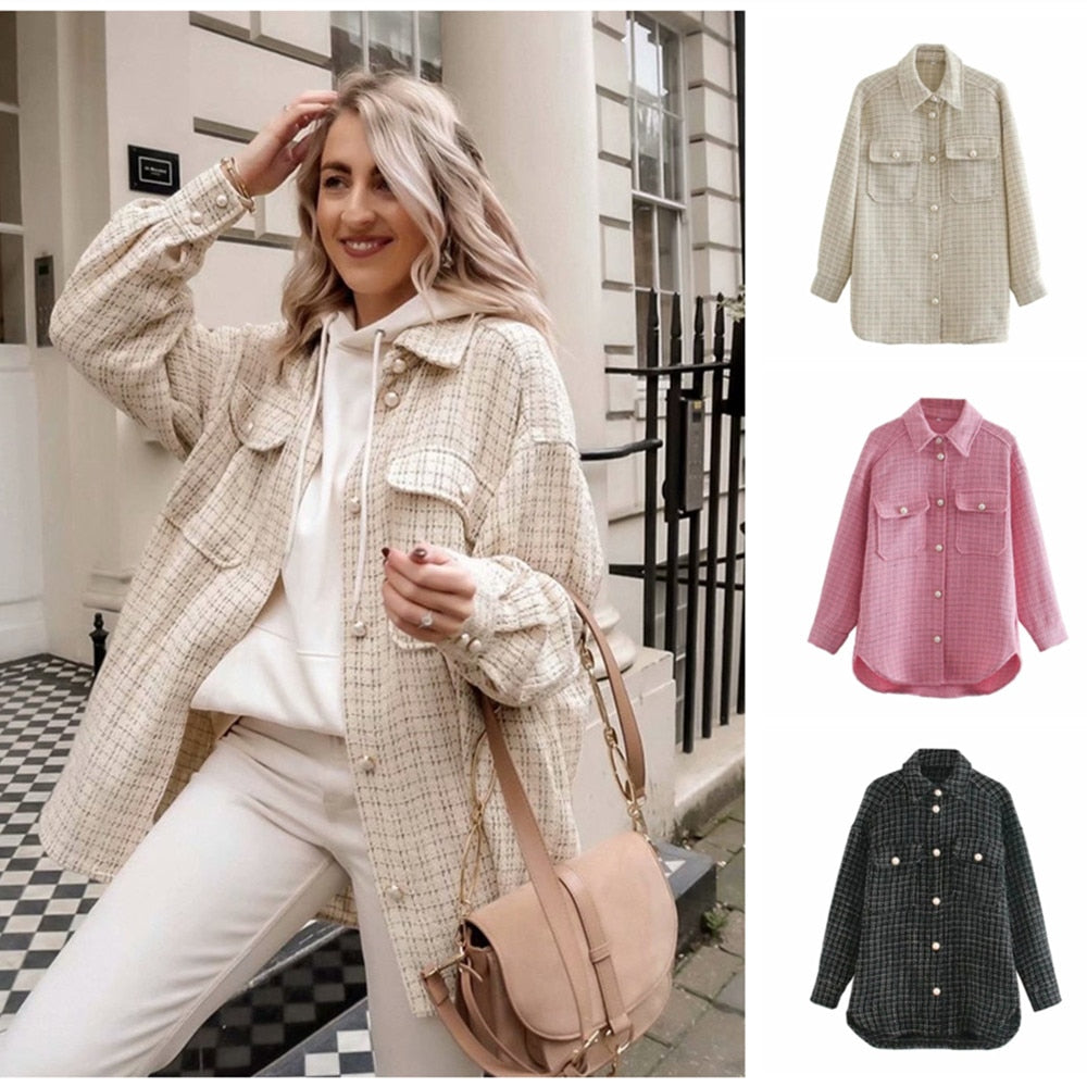 Women Blazer Tweed Shirts Plaid Oversized Jacket Casual Button Up Jacket Ladies Long Sleeve Women Casual Blazer Tops Beige Shirt