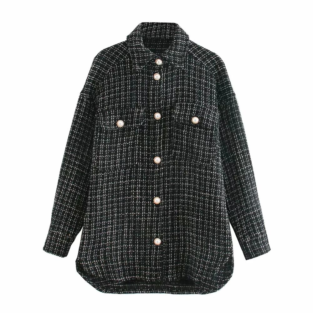 Women Blazer Tweed Shirts Plaid Oversized Jacket Casual Button Up Jacket Ladies Long Sleeve Women Casual Blazer Tops Beige Shirt