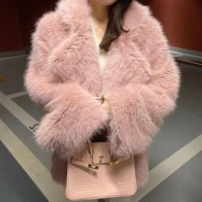 Fashion Women's Faux Fur Coat Lapel Loose Covered Button Long Sleeve Thick Warm Khaki Coat Female Winter