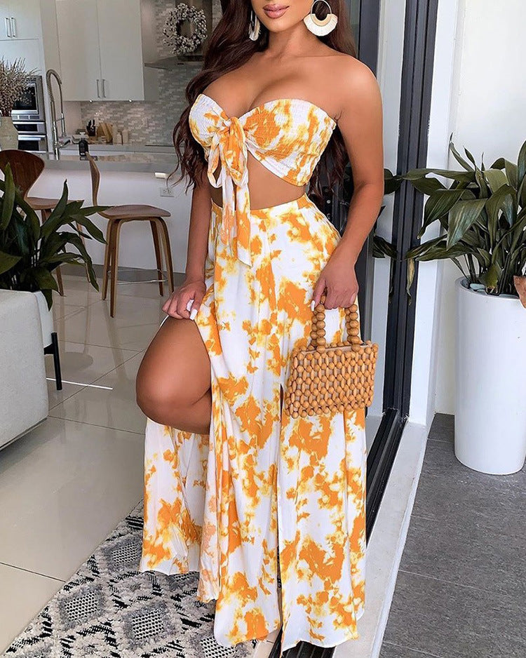 Printed Bandeau Sexy Strapless Crop Tops & Slit Maxi Skirts Set Summer Women Two Piece Set