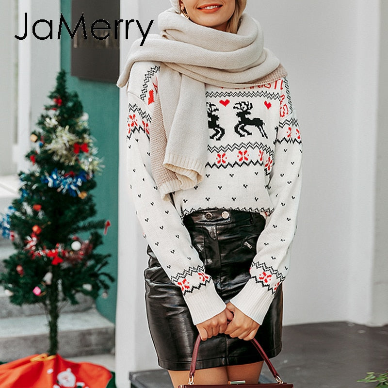 JaMerry Vintage merry christmas sweaters women long sleeve Autumn winter deer print knitted female pullover Chic top jumper