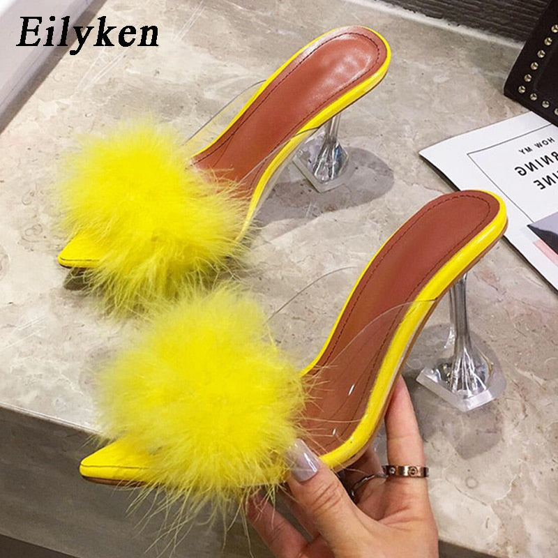 Summer Woman Pumps PVC Transparent Feather Perspex Crystal High Heels Fur Peep Toe Mules Slippers Ladies Slides Shoes