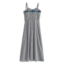 Load image into Gallery viewer, Romantic Blue Geometric Print Bandage Spaghetti Strap Midi Dress Retro Women Lacing Up Sling Slit Dresses Holiday Robe
