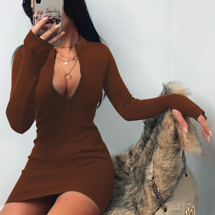 Women Winter Fall Bodycon Ribbed Dress New Stand Collar Zipper Deep V-neck Solid Stretch Bodycon Pencil Party Mini Vestido