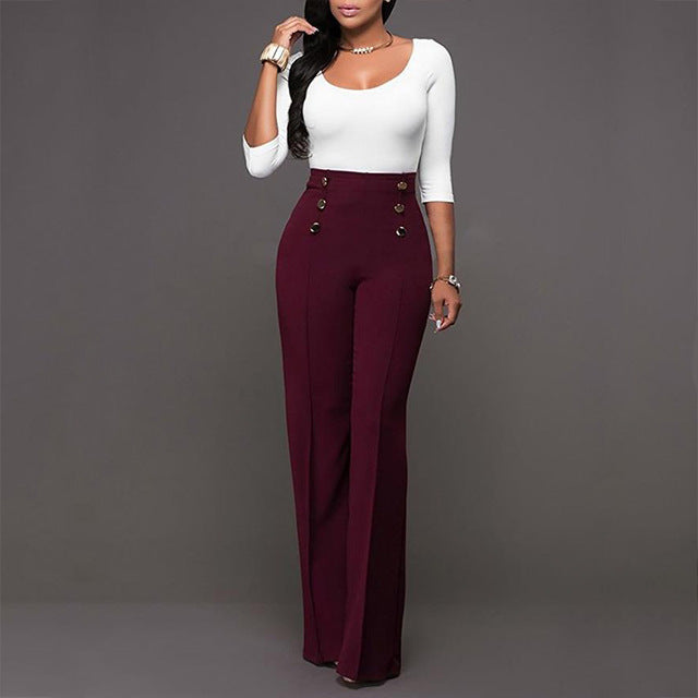 Wide Leg High Waist Women Pants Button Plus Size Flare Casual Pants Office Lady Loose Stretch Palazzo Pants