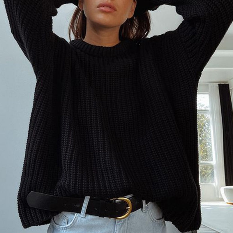 Women Solid Knitted Thickening Oversized Sweater