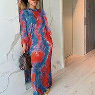 BAMBOOBOY Spring New Contrast Color Colorblock Long Sleeve Printed Loose Maxi Casual Dress ZL1206
