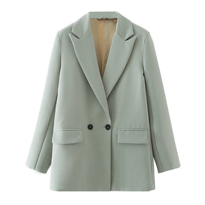 Women Khaki Blazer Coat Vintage Notched Collar Pocket Fashion Female Casual Chic Tops