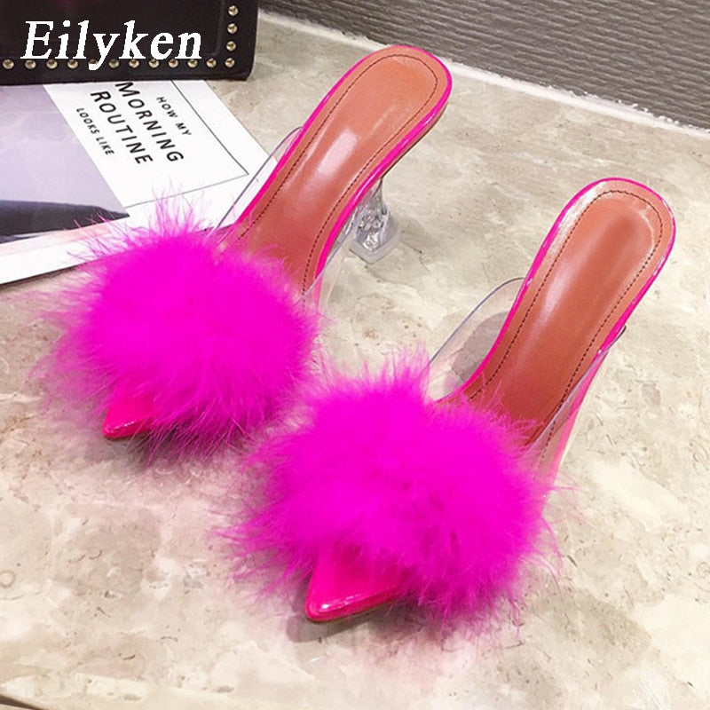 Summer Woman Pumps PVC Transparent Feather Perspex Crystal High Heels Fur Peep Toe Mules Slippers Ladies Slides Shoes