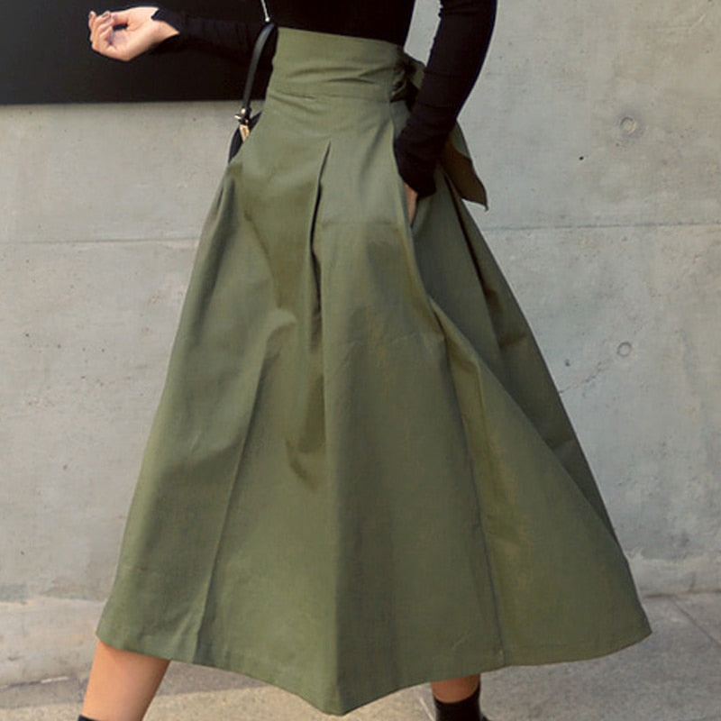 Skirts Womens Korean Fashion Solid Color Big Swing Ladies Skirt Long Skirt Autumn Wild High Waist Bow Slim Skirts