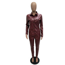 Load image into Gallery viewer, Sexy Two Piece Set Women Plus Size PU Leather Long Sleeve Top and Bodycon Pant Suit
