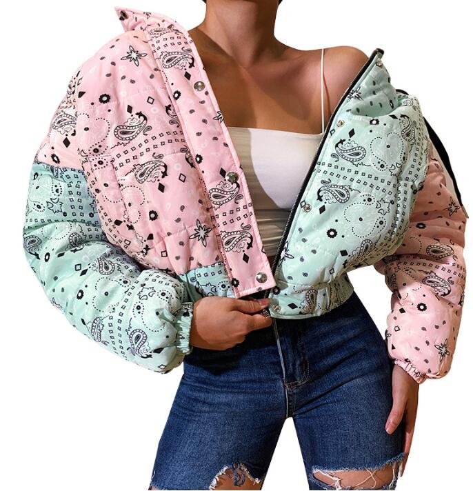 Autumn Winter Fashion Women's  Colorblock printing Long Sleeve Zipper Cotton Padded Jacket  Coats