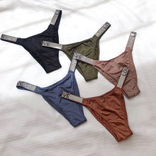 Load image into Gallery viewer, Letter Rhinestone Sexy Underwear Fitness Sports Hip Lifting Satin Panties Thong Low Waist Seamless Briefs Tanga Lingerie
