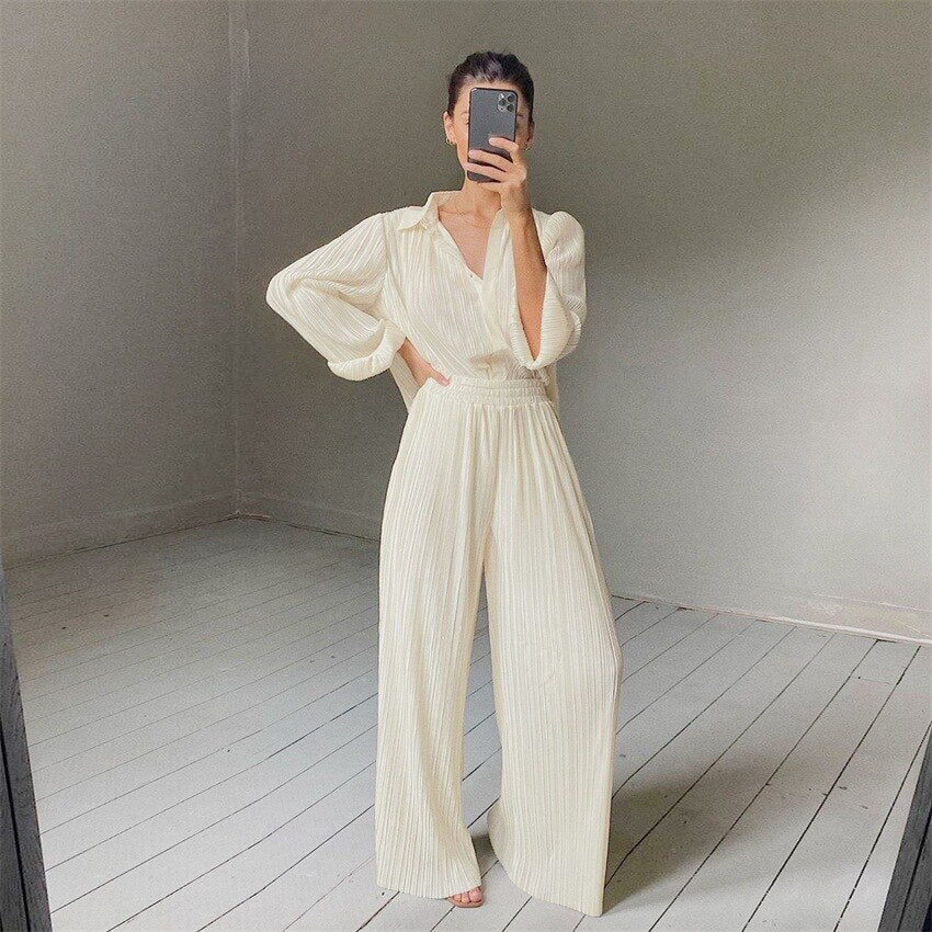 Pleated Blouse Wide Leg Pants Women Trousers Elegant Casual Palazzo Pants Elastic High Waist Ruched Pants Ladies 2 Pieces Set