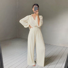 Load image into Gallery viewer, Pleated Blouse Wide Leg Pants Women Trousers Elegant Casual Palazzo Pants Elastic High Waist Ruched Pants Ladies 2 Pieces Set
