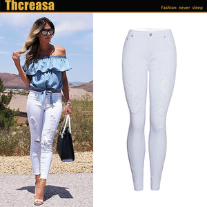 Women's Popular Slim Solid Color White Ripped Pencil Pants High Waist Slim Pencil Pants