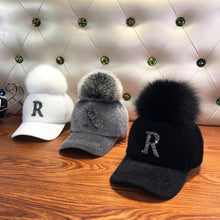 Load image into Gallery viewer, Fashion Faux fur ball baseball cap winter Faux seahorse hair Warm Cap For Women Rhinestone Diamond Letter Visor Hats
