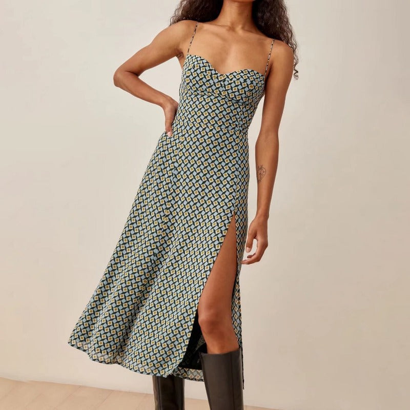 Romantic Blue Geometric Print Bandage Spaghetti Strap Midi Dress Retro Women Lacing Up Sling Slit Dresses Holiday Robe