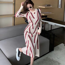 Load image into Gallery viewer, Women Autumn Winter Fashion Sweater Midi Dress Warm Knit Striped Long Thick Dresses

