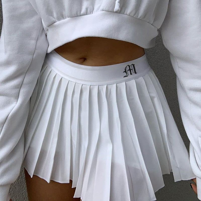 Casual White Mini Pleated Skirts Shorts Letter Print High Waisted Short Skirt Korean Preppy Style Summer Dance