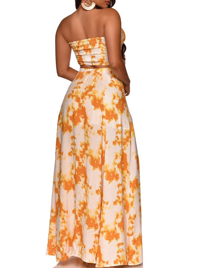 Printed Bandeau Sexy Strapless Crop Tops & Slit Maxi Skirts Set Summer Women Two Piece Set