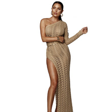 Load image into Gallery viewer, Sexy High Slit Knitted Dress One Shoulder Hollow Out Women Crochet Dresses  Long Crocheted Beach Dress Vestidos
