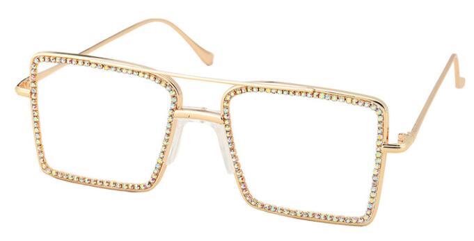 Fashion Rhinestone Glasses Frame Women Brand Designer Metal Square Anti Blue light Computer Glasses Female Shades Big