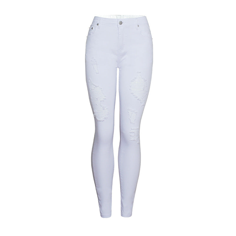 Women's Popular Slim Solid Color White Ripped Pencil Pants High Waist Slim Pencil Pants