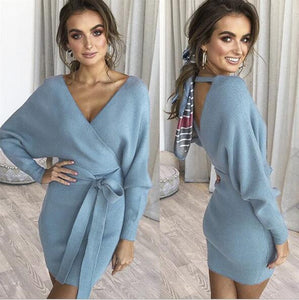 Dicloud sexy v neck sweater dress women knitted vestidos bandage bodycon hollow out wrap dress winter female party dresses