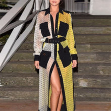 Load image into Gallery viewer, Yellow Black Pathwork Chiffon Polka Dot Maxi Slit Dress Long Sleeve with Sashes Pocket Retro Summer Tunic Robes Femme Covers

