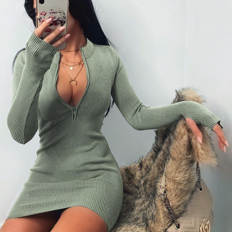 Women Winter Fall Bodycon Ribbed Dress New Stand Collar Zipper Deep V-neck Solid Stretch Bodycon Pencil Party Mini Vestido