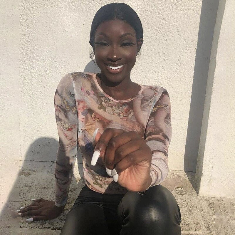 Shestyle Butterfly Angel Printed Bodysuits Women Bodycon Slim Sexy Round-neck New Arrivals Overalls Body Open Crotch Lady