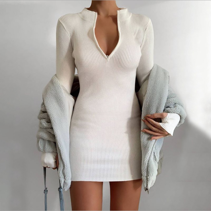 Women Winter Fall Bodycon Ribbed Dress New Stand Collar Zipper Deep V-neck Solid Stretch Bodycon Pencil Party Mini Vestido