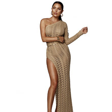 Load image into Gallery viewer, Sexy High Slit Knitted Dress One Shoulder Hollow Out Women Crochet Dresses  Long Crocheted Beach Dress Vestidos
