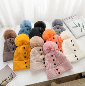 Fashion Autumn And Winter New Five-Breasted Woolen Hat Wild Cape Capless Warm Knitted Hat With Fur Balls